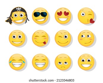 set of 12 yellow emoticons including a pirate emoticon