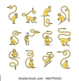 Set of 12 yellow monkeys isolated on white background. Pour a thin black line, hipster. It can be used to print labels, stickers, prints, posters.