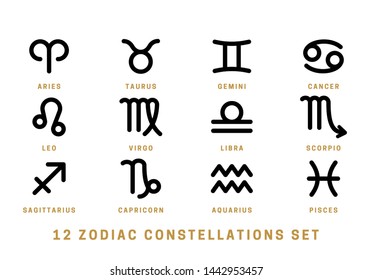 Conjunto de 12 constelaciones de zodiaco. Signos negros del zodiaco en un estilo lineal con inscripciones doradas aisladas en fondo blanco. Vector.