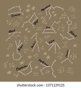 Set of 12 zodiac constellations with brush lettering. Handwritten typography. Horoscope signs. Ready-to-use design template. Vector illustration.