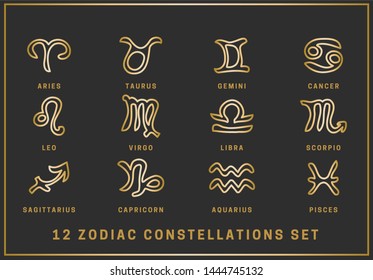 Set of 12 zodiac constellations. Golden signs of the zodiac in a linear style with golden inscriptions isolated on a black background. Vector.