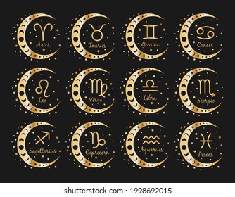 Set of 12 Zodiac gold signs in wreath of moon and stars. The signs of Aries, Taurus, Gemini, Cancer, Leo, Virgo, Libra, Scorpio, Aquarius, Sagittarius, Capricorn, Pisces. Vector illustration