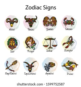 Set of 12 zodiac horoscope icons.