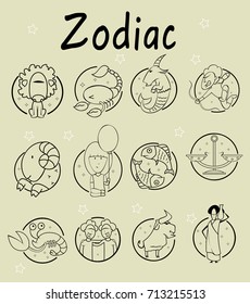 Set of 12 zodiac icons. Freehand drawing. Vector illustration