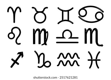 Set of 12 zodiac signs in 3D style in black on a white background. Astrological zodiac signs