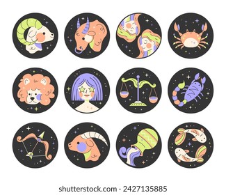 Set of 12 zodiac signs. Cartoon vector illustration for fortune telling, horoscopes, astrology in flat trending style