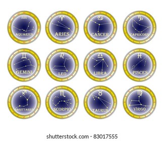 set of 12 zodiac signs in circles on the white background