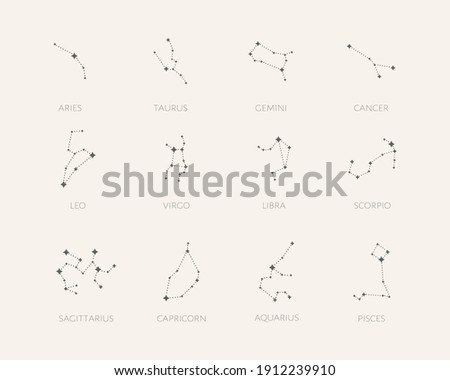 Set of 12 zodiac signs. Constellation of Aries, Taurus, Leo, Gemini, Virgo, Scorpio, Libra, Aquarius, Sagittarius, Pisces, Capricorn, Cancer.