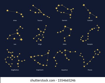 Set of 12 zodiac signs constellations.