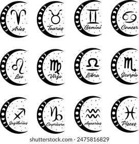 Set of 12 Zodiac Signs, Crescent Moon, and Stars with Mystical Celestial Themes. Perfect for Horoscopes and Astrology.