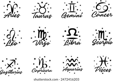 Set of 12 Zodiac Signs with Elegant Script Names. Perfect for Horoscopes and Astrology. Collection of Astrological Zodiacs. Mystical Design. Celestial Icons. Black and White Mystic Symbols.