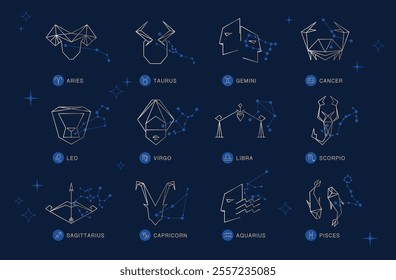 Set of 12 zodiac signs in gold with constellation patterns on dark blue background. Geometric line art style with symbols of zodiacs. Astrology and horoscope concept.