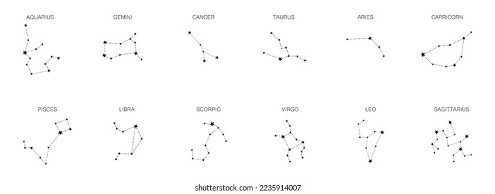 Set of 12 zodiac signs isolated on white background. Constellation of Aries, Taurus, Leo, Gemini, Virgo, Scorpio, Libra, Aquarius, Sagittarius, Pisces, Capricorn, Cancer.