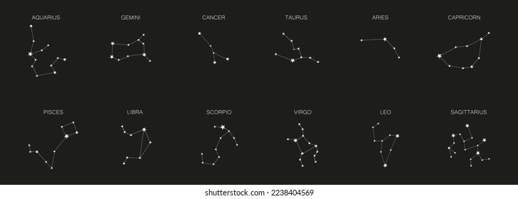 Set of 12 zodiac signs isolated on black background. Constellation of Aries, Taurus, Leo, Gemini, Virgo, Scorpio, Libra, Aquarius, Sagittarius, Pisces, Capricorn, Cancer.	