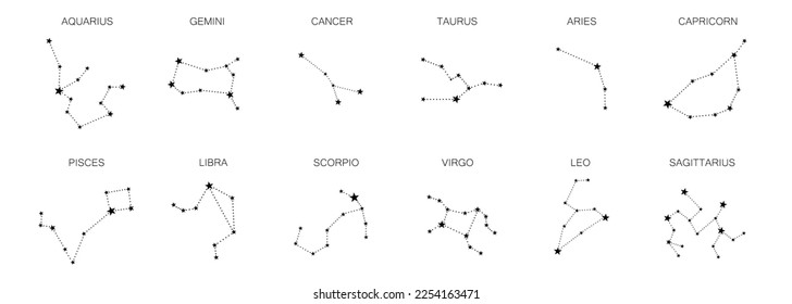 Set of 12 zodiac signs isolated on white background. Constellation of Aries, Taurus, Leo, Gemini, Virgo, Scorpio, Libra, Aquarius, Sagittarius, Pisces, Capricorn, Cancer.