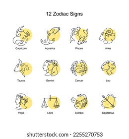 set of 12 zodiac signs in minimal line art isolated vector illustration