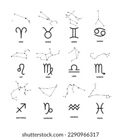 Set of 12 zodiac signs symbols with constellations, vector icons set isolated on white background. Horoscope collection for calendar, line art design.
