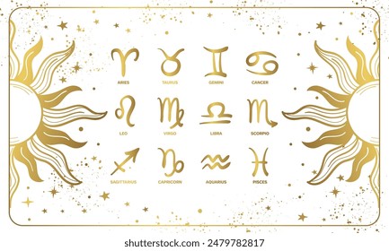 Set of 12 zodiac signs symbols on white background with golden sun, astrology banner, zodiac and horoscope card, vintage design. Vector line illustration.