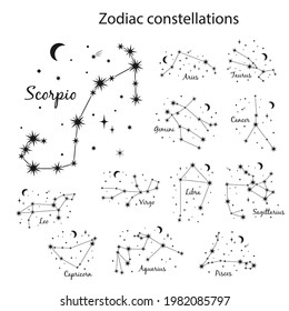 Set of 12 zodiac signs with titles. The constellations of Aries, Taurus, Gemini, Cancer, Leo, Virgo, Libra, Scorpio, Aquarius, Sagittarius, Capricorn, Pisces. Vector illustration for your design 