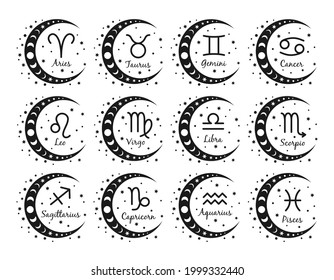 Set of 12 Zodiac signs with titles in wreath of moon and stars. The signs of Aries, Taurus, Gemini, Cancer, Leo, Virgo, Libra, Scorpio, Aquarius, Sagittarius, Capricorn, Pisces. Vector illustration