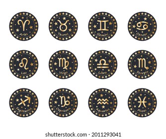 Set of 12 Zodiac signs with titles. The signs of Aries, Taurus, Gemini, Cancer, Leo, Virgo, Libra, Scorpio, Aquarius, Sagittarius, Capricorn, Pisces. Golden vector illustration in circle of stars