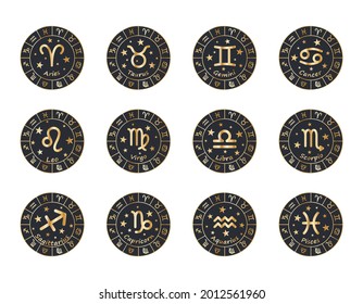 Set of 12 Zodiac signs with titles. The signs Aries, Taurus, Gemini, Cancer, Leo, Virgo, Libra, Scorpio, Aquarius, Sagittarius, Capricorn, Pisces. Golden vector illustration in circles of Zodiac signs