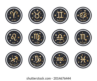 Set of 12 Zodiac signs with titles and stars. The signs of Aries, Taurus, Gemini, Cancer, Leo, Virgo, Libra, Scorpio, Aquarius, Sagittarius, Capricorn, Pisces. Golden vector illustration in a circle