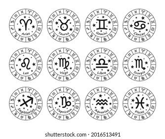 Set of 12 Zodiac signs with titles. The signs Aries, Taurus, Gemini, Cancer, Leo, Virgo, Libra, Scorpio, Aquarius, Sagittarius, Capricorn, Pisces. Black vector illustration in circles of Zodiac signs