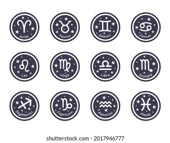 Set of 12 Zodiac signs with titles. The signs of Aries, Taurus, Gemini, Cancer, Leo, Virgo, Libra, Scorpio, Aquarius, Sagittarius, Capricorn, Pisces. Round vector illustration on blue background