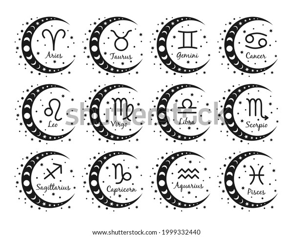 Set of 12 Zodiac signs with titles in wreath\
of moon and stars. The signs of Aries, Taurus, Gemini, Cancer, Leo,\
Virgo, Libra, Scorpio, Aquarius, Sagittarius, Capricorn, Pisces.\
Vector illustration