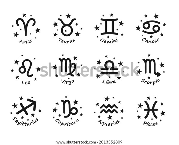 Set of 12 Zodiac signs with titles. The signs\
of Aries, Taurus, Gemini, Cancer, Leo, Virgo, Libra, Scorpio,\
Aquarius, Sagittarius, Capricorn, Pisces. Black vector illustration\
on white background