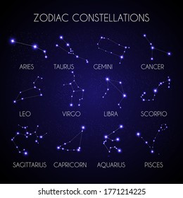 Set of 12 Zodiacal Constellations on the Background of Cosmic Sky Vector Illustration EPS10