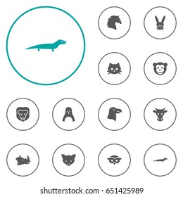 Set Of 12 Zoology Icons Set.Collection Of Steed, Hog, Diver And Other Elements.