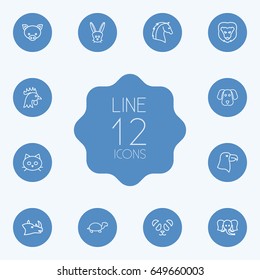 Set Of 12 Zoology Outline Icons Set.Collection Of Horse, Rhino, Dog And Other Elements.