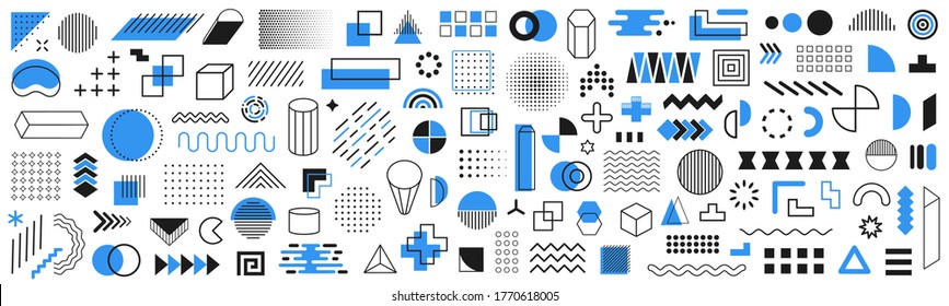 Set of 120 geometric shapes icons. Memphis design retro elements. Collection trendy halftone geometric shapes. Retro funky graphic, 90s trends designs and vintage print element collection