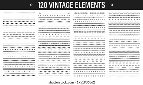 Conjunto de 120 elementos de diseño dibujados a mano. Elementos de línea de época. Bandas de dibujo decorativas. Decoración, carteles, hileras que dividen, emblemas, flechas. Ilustración vectorial.