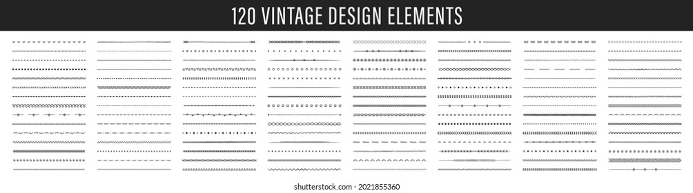 Set of 120 Hand drawn design elements. Vintage line elements. Decorative drawing badges. Decoration, banners, swirls divider, emblems, arrows. Vector illustration.