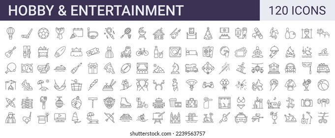 Set of 120 hobby, entertainment, lifestyle line icons. Collection of thin outline icons.Vector illustration. Editable stroke - Shutterstock ID 2239563757