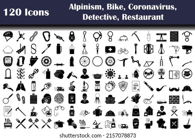 Set of 120 icons. Alpinism, Bike, Sport, Coronavirus, COVID-19, Detective, Police, Restaurant themes. Fully editable vector illustration. Text expanded.