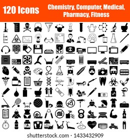 Set of 120 Icons. Chemistry, Computer, Medical, Fitness Themes, Black Color Stencil Design. Vector Illustration.