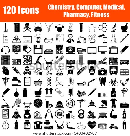Set of 120 Icons. Chemistry, Computer, Medical, Fitness Themes, Black Color Stencil Design. Vector Illustration.