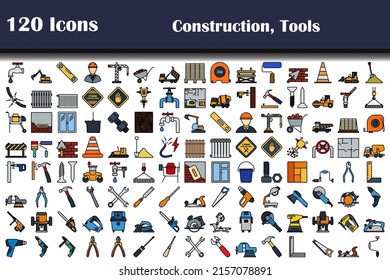 Set of 120 icons. Construction and Tools themes. Editable Bold Outline With Color Fill Design. Vector Illustration.