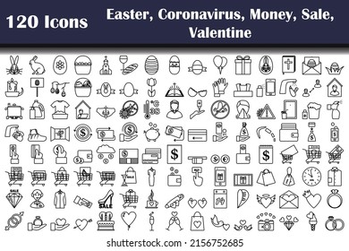 Conjunto de 120 iconos. Semana Santa, Dinero, Venta, San Valentín, temas COVID-19. Diseño de contorno negrita con ancho de trazo editable. Ilustración vectorial.
