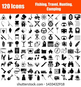 Set of 120 icons. Fishing, Travel, Hunting, Camping themes. Black Color Stencil Design. Vector Illustration.