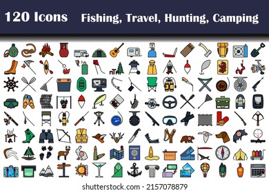 Set of 120 icons. Fishing, Travel, Hunting, Camping themes. Editable Bold Outline With Color Fill Design. Vector Illustration.