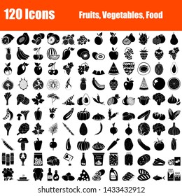 Satz von 120 Symbolen. Obst, Gemüse, Lebensmittelthemen. Schwarzes Farbstil-Design. Vektorgrafik.