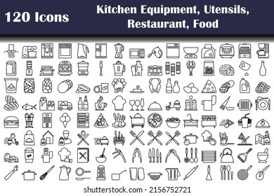 Set of 120 icons. Kitchen Equipment, Utensils, Restaurant, Food themes. Bold outline design with editable stroke width. Vector Illustration.