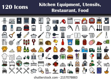 Set of 120 icons. Kitchen Equipment, Utensils, Restaurant, Food themes. Editable Bold Outline With Color Fill Design. Vector Illustration.