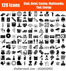 Set of 120 Icons. Night Club, Hotel, Casino, Multimedia, Taxi, Energy themes. Black Color Stencil Design. Vector Illustration.