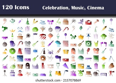 Set of 120 icons. Party, Music, Cinema themes.  Flat Color Ladder Design. Vector Illustration.